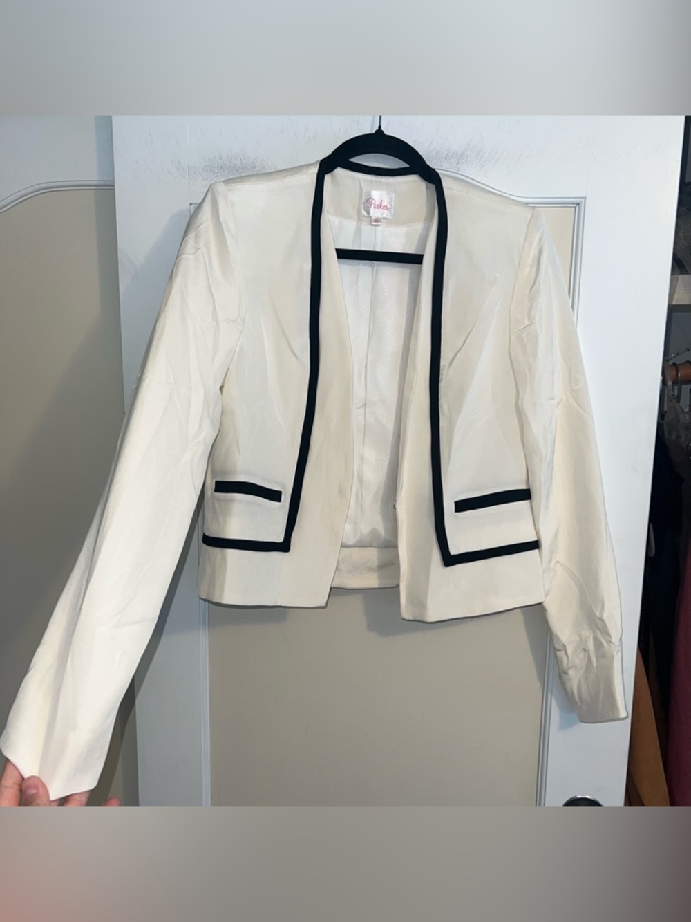 Parker Silk Semi-Cropped Blazer in Cream and Black